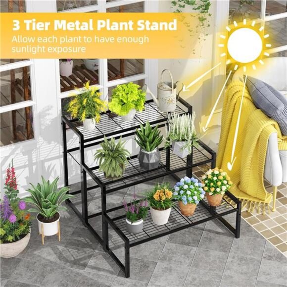 Simple Trending 3 Tier Metal Plant Stand Outdoor Indoor Waterproof, Stackable - Picture 3 of 14